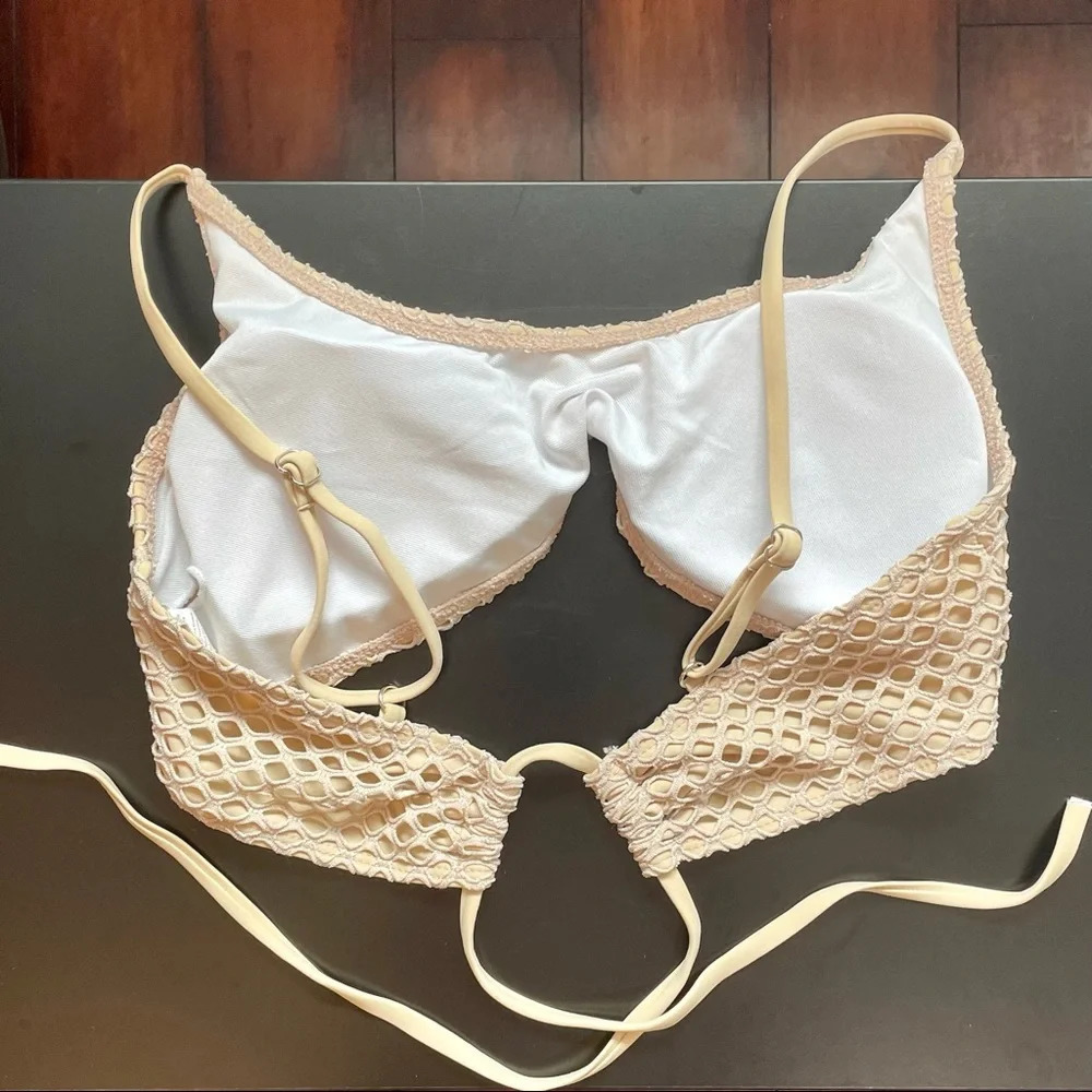 Nude Fishnet Bikini Cheeky High Leg Bottoms Criss Cross Top Size Large - Picture 8 of 14